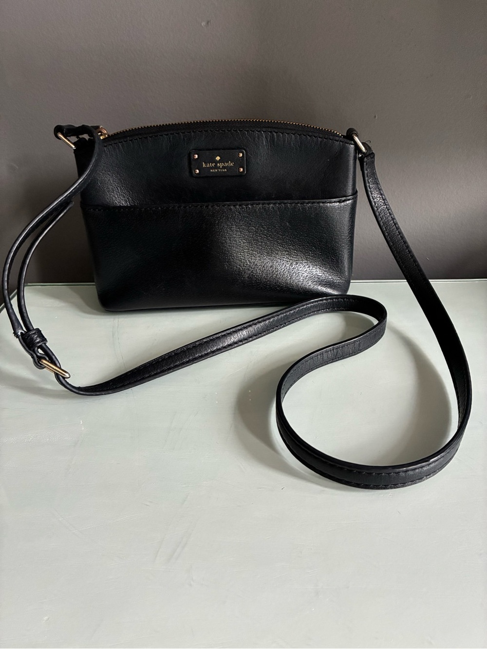 Kate Spade Black Leather Crossbody Bag with Gold Plaque As Is